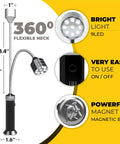Diagram showcasing LED BBQ Grill Light Set Of 2 With 360 Degree Magnetic Base And Extra Long Gooseneck, features and measurements.