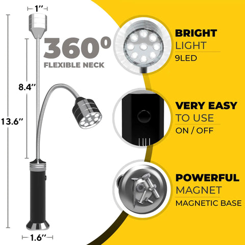 Diagram showcasing LED BBQ Grill Light Set Of 2 With 360 Degree Magnetic Base And Extra Long Gooseneck, features and measurements.