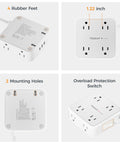 Surge Protector Power Strip With Eight Outlets And USB C Plus USB A Ports 5 Ft Flat Plug Extension Cord 1250W 900J Protection shown from multiple angles featuring mounting holes and rubber feet