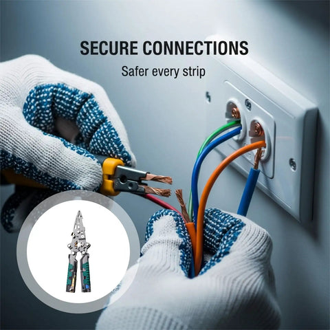 Hands using 2 Pack Foldable Wire Stripper With Built In Voltage Tester on electrical wires, showcasing fine motor skills and detail.