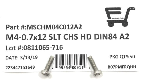 M4 X 12 Metric Stainless Steel Slotted Cheese Head Machine Screws Din 84 A2 70 Grade with package label
