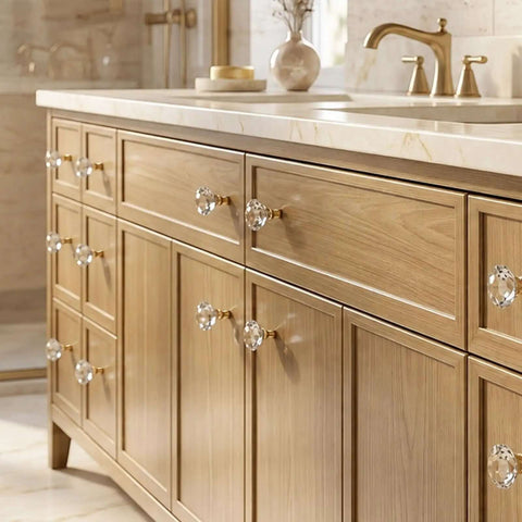 6 Pack Gold Tapered Diamond Cabinet Knobs With Clear Crystal Tops on wooden bathroom vanity drawers