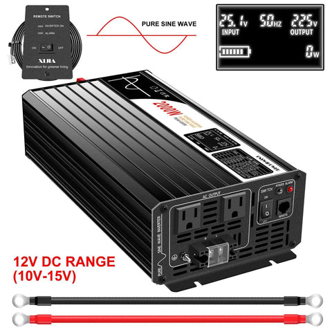 2000W Pure Sine Wave Inverter 12V To 120V AC Converter with display and wiring accessories