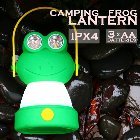 Green frog camping lantern on wet stones; Owl Themed Kid Friendly LED Lantern And Headlamp Set Battery Powered Lit Night Light