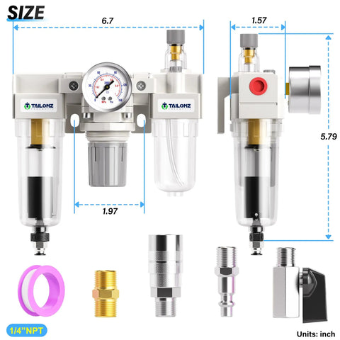 Three In One Oil And Air Regulator Filter With Lubricator Cup For Air Tools System Automatic Drain 0 To 150 PSI One Quarter Inch NPT Port Pro Grade Moisture And Particle Filtration Premium Air Tool Compressor Accessory AC2000 02D front view with accessories