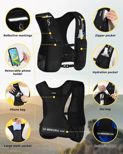 Ultra Lightweight Hydration Vest For Running With 500ml Soft Flask, Phone Holder, Reflective Straps, Adjustable Run Pack, Black