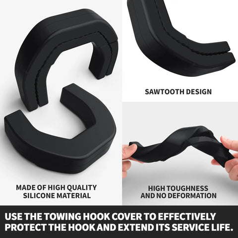RAM 1500 Towing Hook Cover With Custom Fit For 2019 To 2025 Paired With A 2 Inch Trailer Hitch Receiver Cover That Wont Fall Off Durable Black Finish Built For Daily Washes And Rough Roads, silicone material, sawtooth design and flexibility demonstration.