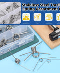 V Shaped Return Springs Set, 45 Piece Kit With 15 Sizes, displayed in box with stainless steel torsion springs on table