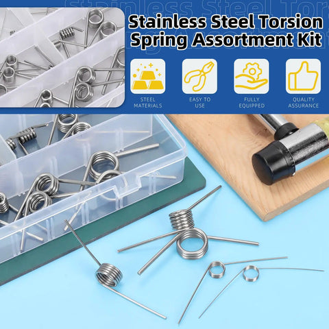 V Shaped Return Springs Set, 45 Piece Kit With 15 Sizes, displayed in box with stainless steel torsion springs on table