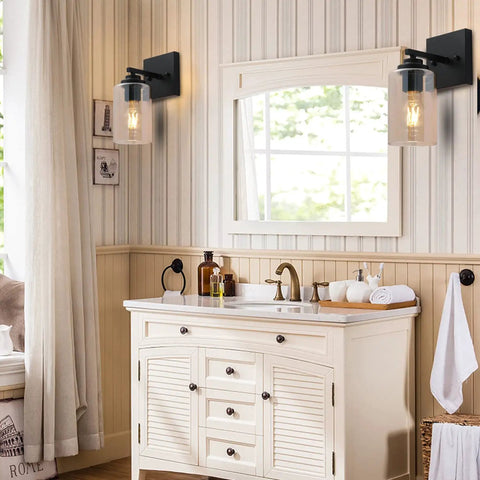 Two Pack Wall Light Sconces For Bathroom And Hallway installed above vanity, Cozy Vintage Farmhouse Vanity Lights, Rustic Oil Rubbed Bronze Fixtures With Amber Glass Shades, Up Or Down Mount, Warm Ambient Glow, Quick Easy Install