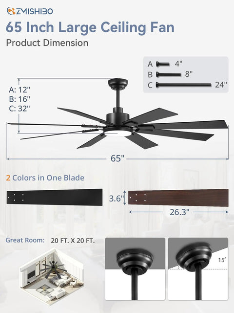 Diagram of 65 Inch Ceiling Fan With Lights And Remote Black Finish With Dimmable 3000K To 6000K Color Temperature