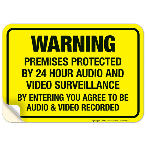 Keep Drifters From Meddling With Your Patch With This Legit Heavy Duty Security Surveillance Decal Sticker Warning Folks Cameras Rolling 24 Hour Made From Top Grade Fade Resistant Vinyl For Homes Garages And Commercial Walls. Yellow vinyl decal warning of audio and video surveillance.