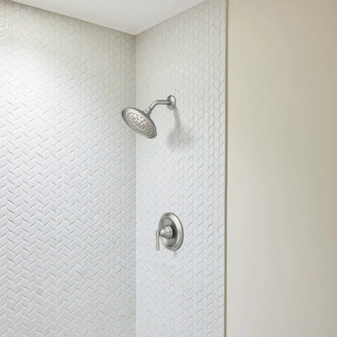 Halle Spot Resist Brushed Nickel Shower Faucet Trim Set With Wide Showerhead, Smooth Lever Handle, Posi-Temp Valve on wall