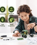 Boy building Hands On Military Truck STEM Building Toy Set For Boys Ages Eight To Twelve Metal Army Vehicle Model Kit Engineering STEM Project Kit For Kids To Build Learn And Ignite Makers Skills with tools and diagrams.