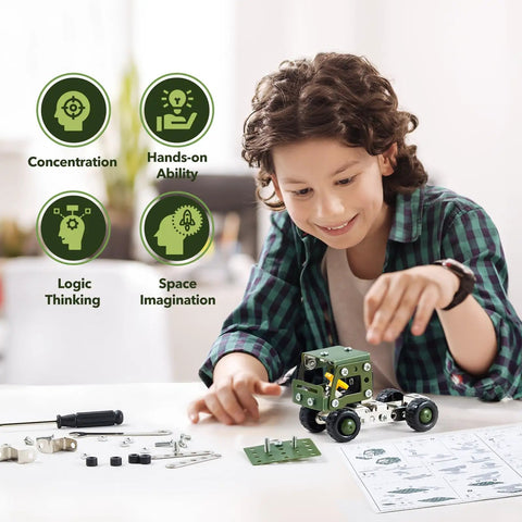 Boy building Hands On Military Truck STEM Building Toy Set For Boys Ages Eight To Twelve Metal Army Vehicle Model Kit Engineering STEM Project Kit For Kids To Build Learn And Ignite Makers Skills with tools and diagrams.