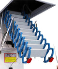 Hassle Free Electric Telescoping Attic Ladder With Slick Remote Operation and Quiet Soundproof Door Design, open view showing stairs.