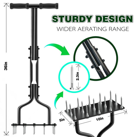 Heavy Duty Lawn Aerator Spike Tool With 15 Thick Iron Spikes 36 Inch Manual Ground Aeration for lawns and yards with design details