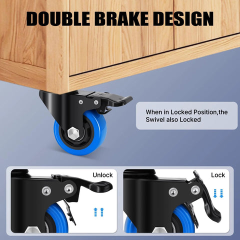 Close-up of 2 Inch Heavy Duty Threaded Stem Caster Wheels Set Of 4 With 3/8-16 Threaded Screws, Dual Locking Swivel Casters in use.