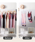 Before and after image showing the Heavy Duty Metal Tank Top And Bra Hanger Set Of Two organizing bras and tank tops.