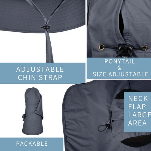 All Day Outdoor Sun Hat With Neck Flap UPF 50 Plus UV Protection For Men And Women, adjustable chin strap, ponytail hole.