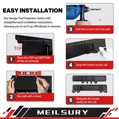 Installation guide for 48 Inch Garage Tool Organization Wall Mount Rack With 3 Rails And 7 Hooks, Heavy Duty Tool Storage