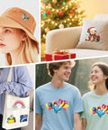 Collage of DIY crafts using 20Pcs Sublimable White Glitter HTV Vinyl and Printable Sublimation Paper on clothes and gifts