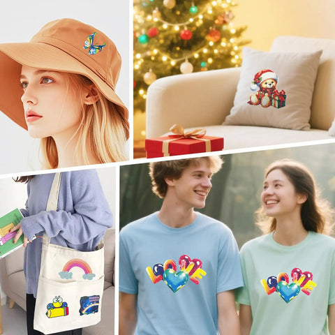 Collage of DIY crafts using 20Pcs Sublimable White Glitter HTV Vinyl and Printable Sublimation Paper on clothes and gifts