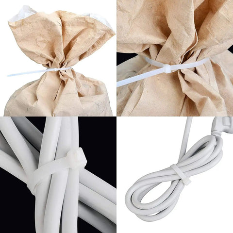 16 Inch White Nylon Cable Ties securing brown paper bag and white cables, industrial-grade PA66 nylon for quick cable management.