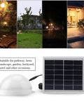 JUDYSSY Led Solar Flood Light,Two-Color Remote Ligent Timing Bright Solar Garden Light shown with solar panel and light dome.