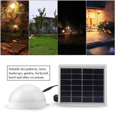 JUDYSSY Led Solar Flood Light,Two-Color Remote Ligent Timing Bright Solar Garden Light shown with solar panel and light dome.