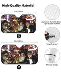 Two sizes of Funny Windshield Sun Shade for Car, UV Blocking Window Cover with bubble aluminum film, on dashboard with storage strap.