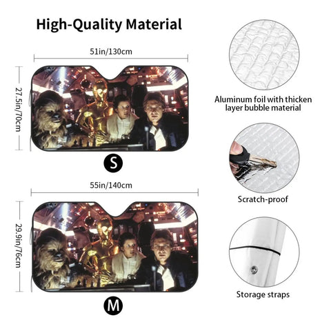Two sizes of Funny Windshield Sun Shade for Car, UV Blocking Window Cover with bubble aluminum film, on dashboard with storage strap.