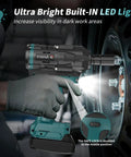 Professional Cordless Impact Wrench 1/2 Inch Brushless Motor 950 Ft Lbs highlighting LED light for visibility in auto repairs.