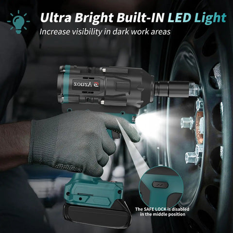 Professional Cordless Impact Wrench 1/2 Inch Brushless Motor 950 Ft Lbs highlighting LED light for visibility in auto repairs.