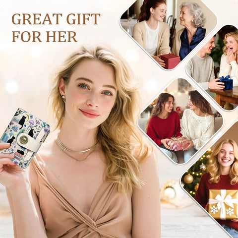 Woman holding Cute Black Cat Wallet For Women RFID Blocking Bifold, smiling with gift scenes, promoting an ideal present.