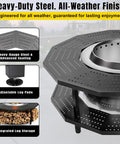 Close-up of 41 Inch Fire Pit Surround Tabletop Universal Fit For 21 Inch Pits with steel finish and built-in firewood storage.