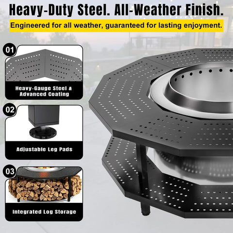 Close-up of 41 Inch Fire Pit Surround Tabletop Universal Fit For 21 Inch Pits with steel finish and built-in firewood storage.