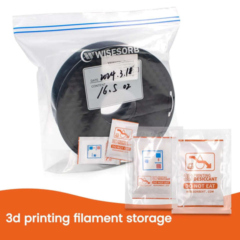 Sealed bag containing 3D printer filament and Molecular Sieve Desiccant Powder Packs For 3D Printer Filament Drying And Storage, 20g Each, 30 Packs, Zeolite Desiccant That Keeps Moisture In Check And Keeps Filament Dry For Crisp, Reliable Prints.