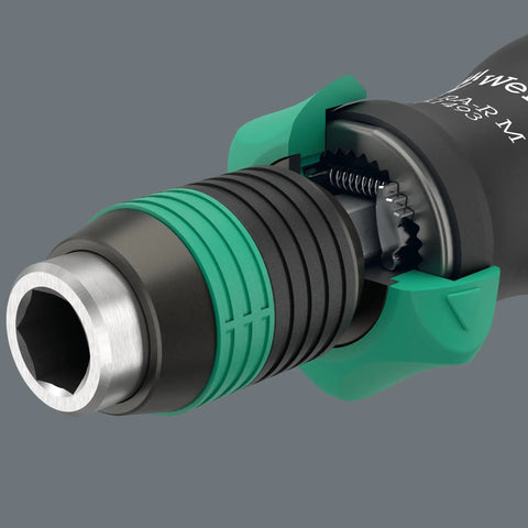 Close-up of Bitholding Ratcheting Screwdriver With Rapidaptor Quick Release Chuck 1/4 Inch Drive mechanism