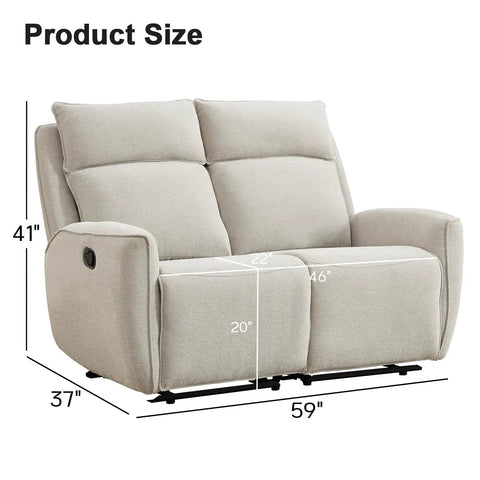 Two Seat Manual Loveseat Recliner Sofa With Wall Hugger Design, Independent Reclining Seats From 90 To 150 Degrees, Chenille Beige Fabric, product dimensions displayed