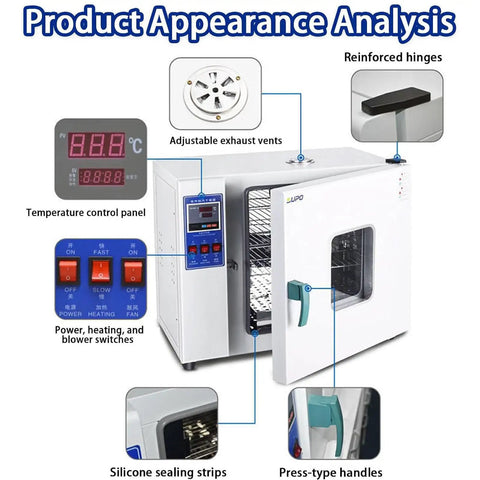 Kickstart Your Projects With This 16 Liter Lab Forced Air Convection Drying Oven Featuring Digital Thermostat And Rock Solid Temp Control Timer For Constant Temperature Blast Drying Curing 110V with adjustable vents and control panel.