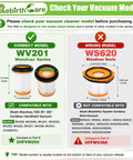 Comparison of WV201 filter and WS620 filter, showing compatibility for Wandvac Ion W1 S87 Cordless models with part XHFWV200