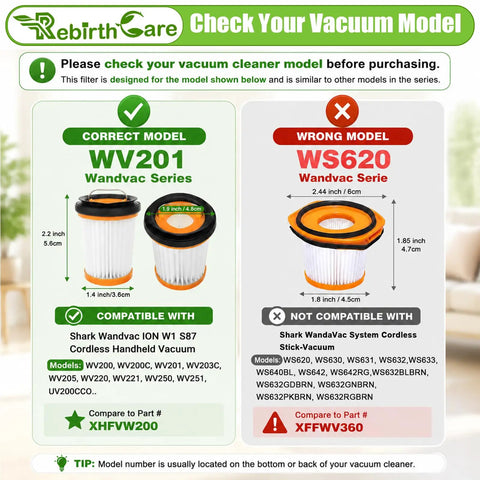 Comparison of WV201 filter and WS620 filter, showing compatibility for Wandvac Ion W1 S87 Cordless models with part XHFWV200