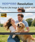 Portable 15.6 Inch FHD External Monitor displaying a happy couple with a dog, showcasing 1920x1080 resolution and HDR quality.