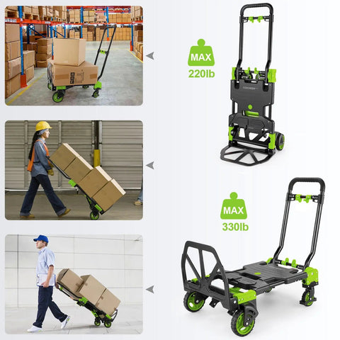 Straight Up Heavy Duty Folding Hand Truck Dolly Flips Between Four And Two Wheels And Handles Three Hundred Thirty Pounds Like A Boss For Quick Errands And Heavy Loads In Durable Green Finish