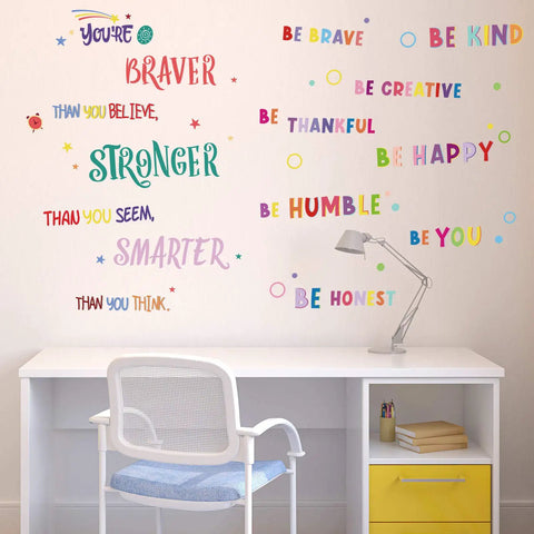 Six Sheets Colorful Inspirational Wall Decals Set With Motivational Quotes For Nursery And Home Decor over desk area