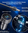 No Sweat Road Trip Ready Starlink Mini Dc Power Cable With Cigarette Lighter Adapter Digital Volt Meter showing digital gauge and connector.