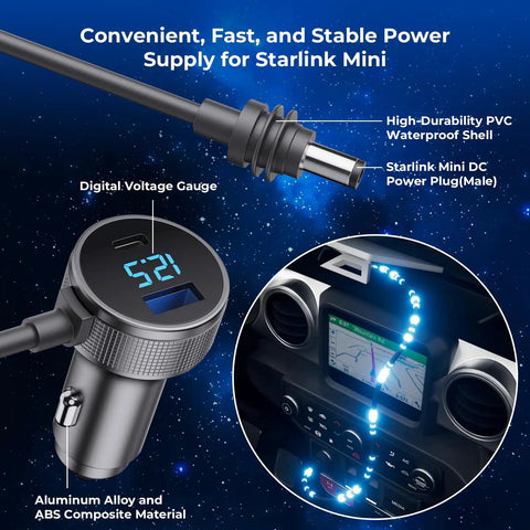 No Sweat Road Trip Ready Starlink Mini Dc Power Cable With Cigarette Lighter Adapter Digital Volt Meter showing digital gauge and connector.