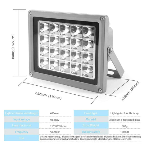 High Power 405nm UV Resin Curing Light For SLA DLP 3D Printers Handheld And DIY Enclosure Use, featuring 20W lamp and dimensions