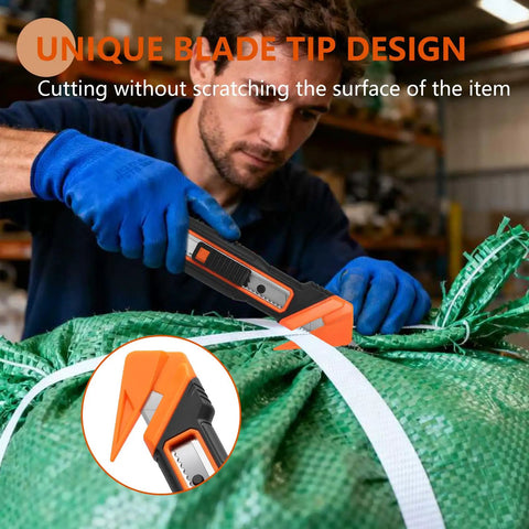 Dual Lock Safety Box Cutter With Retractable Blade, Hella Handy Package Opener For Quick Cuts, Includes Snap-Off Blades, Film Cutter And Tape Splitter For Warehouse And In-Store Cutting, orange-black tool cutting strapping over green bag